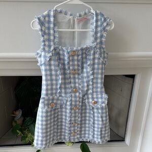 Blue Gingham Tweed Midi Dress with Button Front